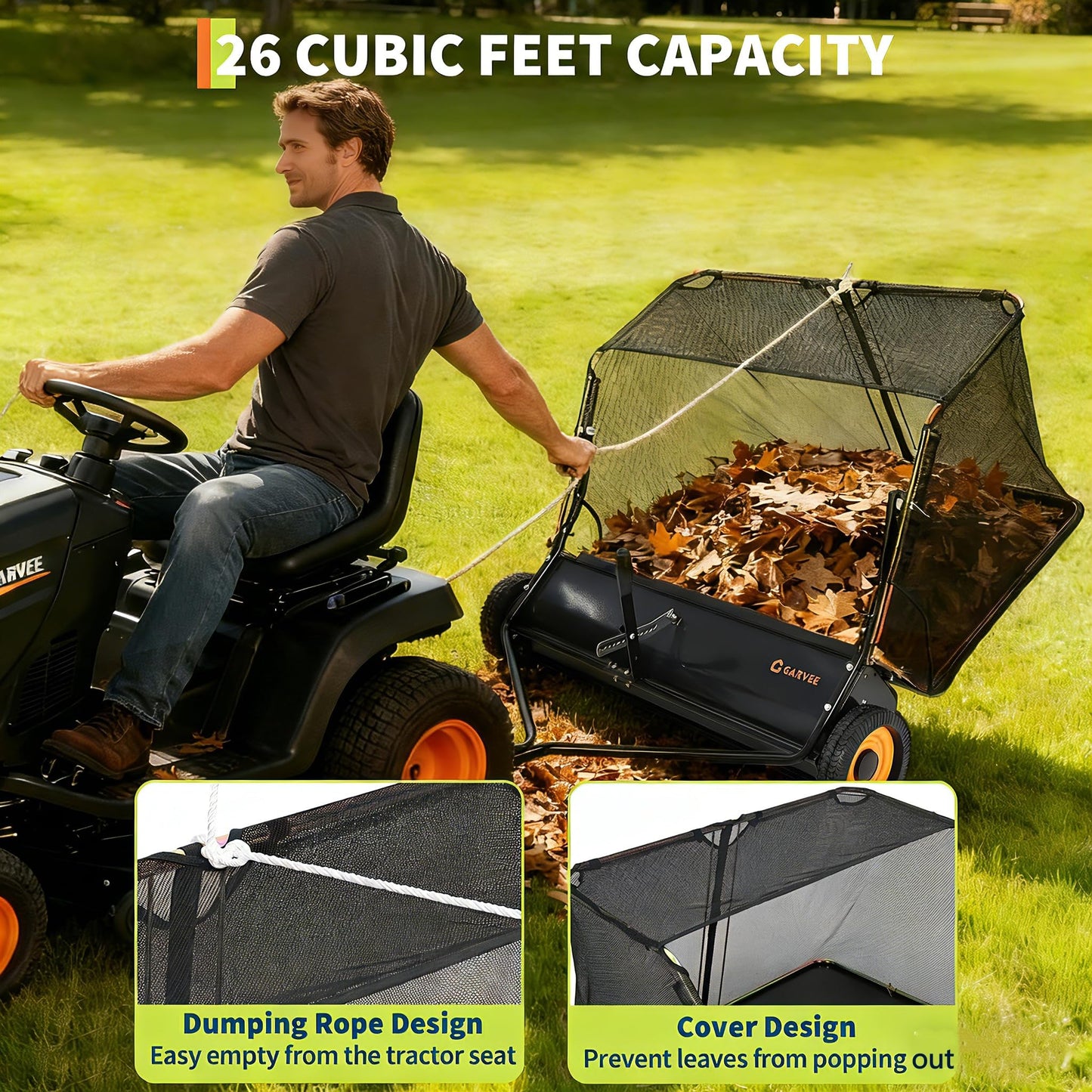 GarveeHome 44 Inch Tow Behind Lawn Sweeper, 26 cu. ft Large Pull Behind Grass Sweeper, Heavy Duty Leaf & Grass Collector with Dumping Rope Design, Adjustable Sweeping Height for Yard, Farm, Garden