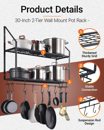 Hoooh 30-Inch Wall Mount Pot Racks - 2-Tier Pot Rack Pan Hanger for Kitchen Storage and Organization - Matte Black Cookware Hanging Shelves with 10 Hooks