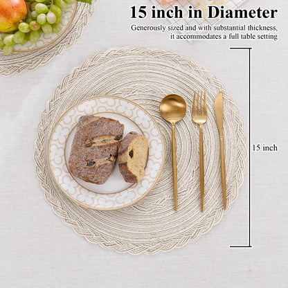 SHACOS Round Placemats Set of 6 Boho Braided Bordered Place Mats 15 inch for Dining Tables Wedding Holiday Party (Ivory Bordered, 6)