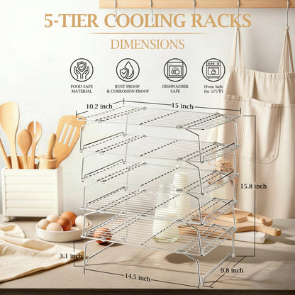 LIANYU Cooling Rack 15"x10", 5-Tier Stackable & Collapsible Stainless Steel Baking Wire Racks for Cooking, Baking, Roasting, Drying, Oven & Dishwasher Safe, Silver