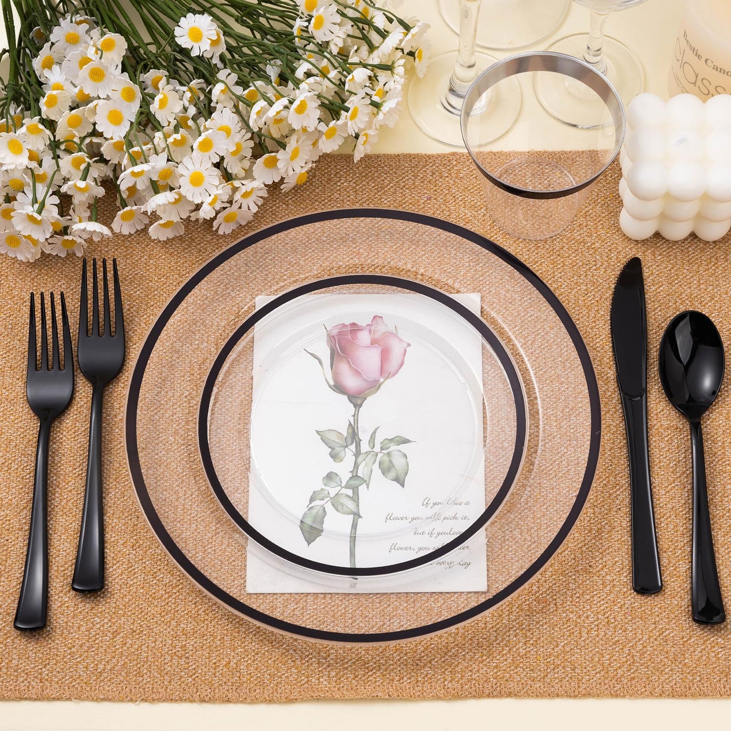 Beststar 350PCS Black and Clear Plastic Dinnerware Sets for 50 Guests, Include 100 Black Disposable Plates, 100 Forks, 50 Knives, 50 Spoons, 50 Cups,Halloween