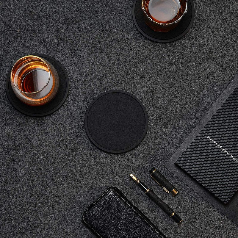 Absorbent Coasters for Drinks with Holder - 6packs, Silicone Coaster with Soft Felt Insert, Black (Coasters with Holder, Black)
