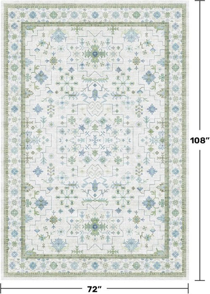 Hazo Haus Cream Oushak 6x9 Area Rug - Boho Floral Design in Cool Blue & Green, Washable Non-Slip