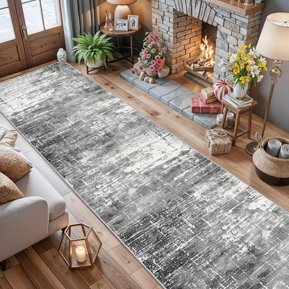 Skiennix Abstract 14ft Long Runner Rug - Non-Slip, Washable, Low-Pile | Soft Black/Grey Indoor Mat