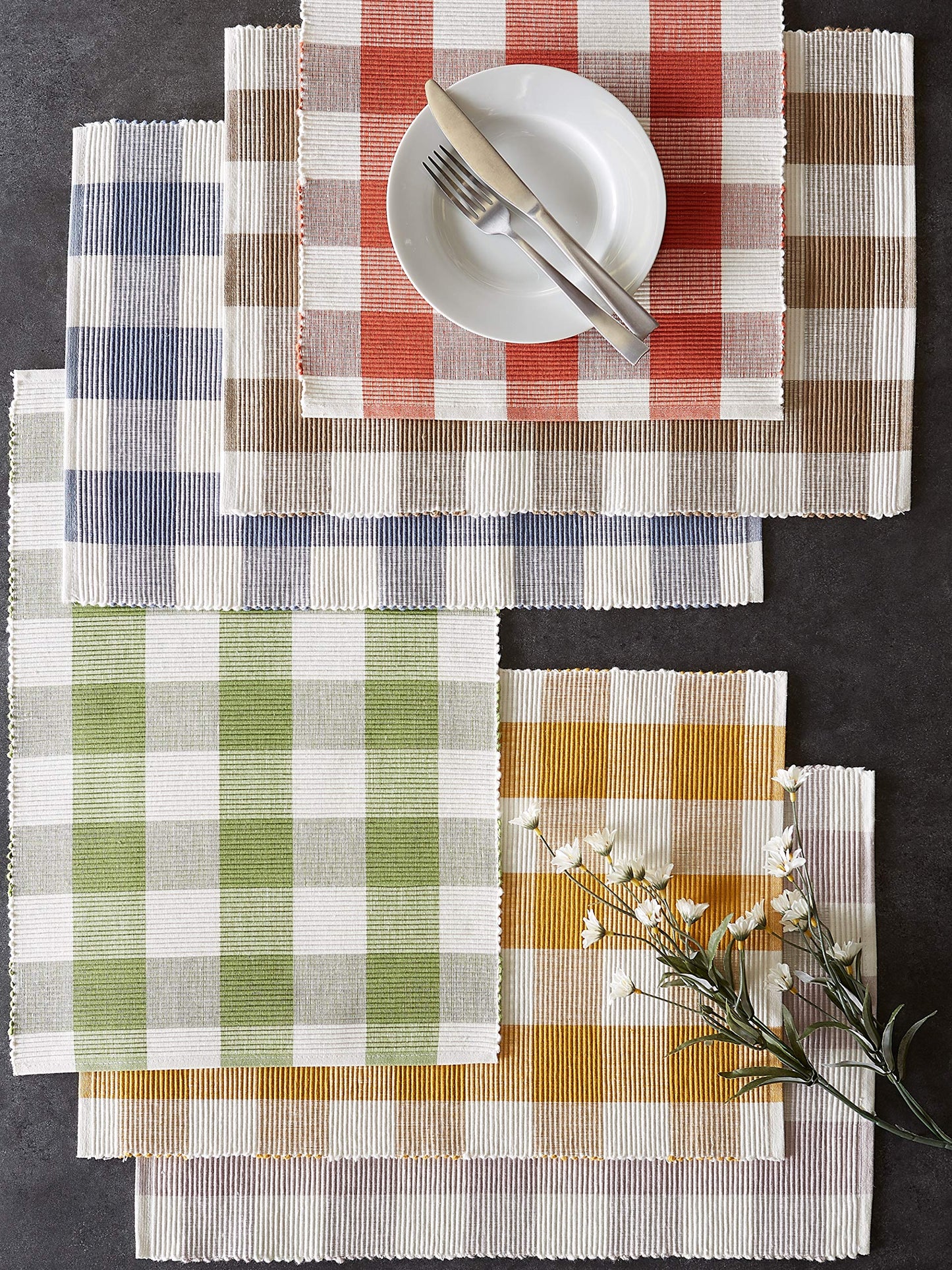 DII Buffalo Check Collection, Classic Farmhouse Tabletop Set, Placemat Set, 13x19, Stonewash Blue, 6 Piece