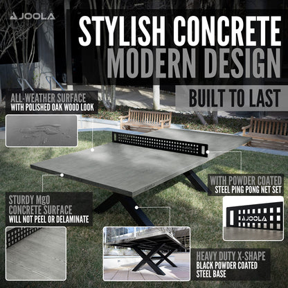 JOOLA Berkshire Outdoor Table Tennis Table - Multi Use Conference Table Dining Table - Concrete Gray Wood Look Includes Steel Outdoor Ping Pong Net Set & Frame - Hybrid Indoor Outdoor Ping Pong Table