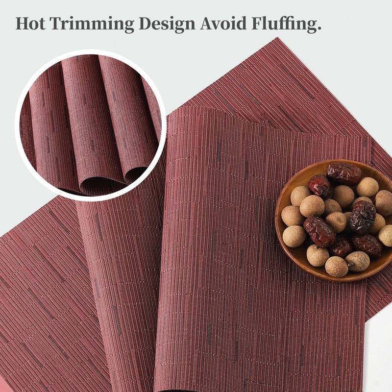 Leetaltree Burgundy Placemats Set of 12 - Heat Resistant Non-Slip Place mats for Dining Table, Washable Durable PVC Vinyl Woven Table Mats（Burgundy, 12）