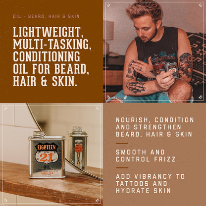 18.21 Man Made Hair, Skin & Beard Oil for Men, 4 Scents - Non-Greasy, Conditioning Balm with Castor Seed, Jojoba, and Argan Oils - Premium Tattoo and Mustache Care Products