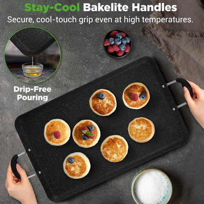 Nutrichef Double Burner Griddle, Non-Stick Stove Top Griddle for Gas Stove, Dishwasher Safe, Heatproof Bakelite Handles, Even Heat Distribution, PFOA & PFOS Free, 20” x 12” x 0.8” Inch (Black)