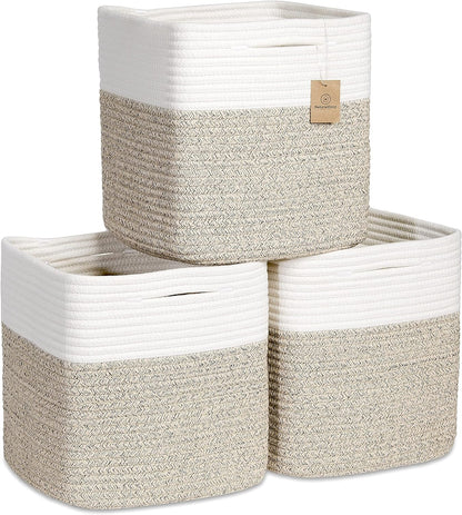NaturalCozy Storage Cubes - 11-Inch Cotton Rope Baskets for Organizing | 3-Pack Cube Bin Set for Kids' Toys, Nursery, Closet