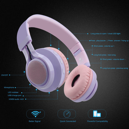Riwbox WT-7S Kids Bluetooth Headphones Light Up, Foldable Stero Wireless Headset,with Microphone and Volume Control,Comfortable and Durable,for PC/Tablet/TV/Travel(Purple)