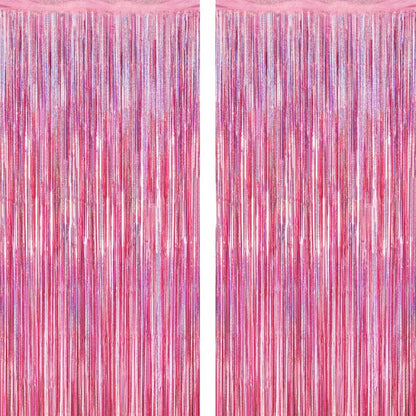 2 Pack Glitter Pink Backdrop, 3.28 FT x 7.05 FT Birthday Party Decorations, Laser Pink Fringe Curtains Foil Streamer Tinsel, Pink Curtains Photo Backdrop Happy Birthday Valentines Day Backdrop