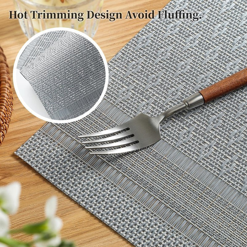 Leetaltree Lunar Grey Placemats Set of 12 - Heat Resistant Non-Slip Place mats for Dining Table, Washable Durable PVC Vinyl Woven Table Mats（Lunar Grey, 12）
