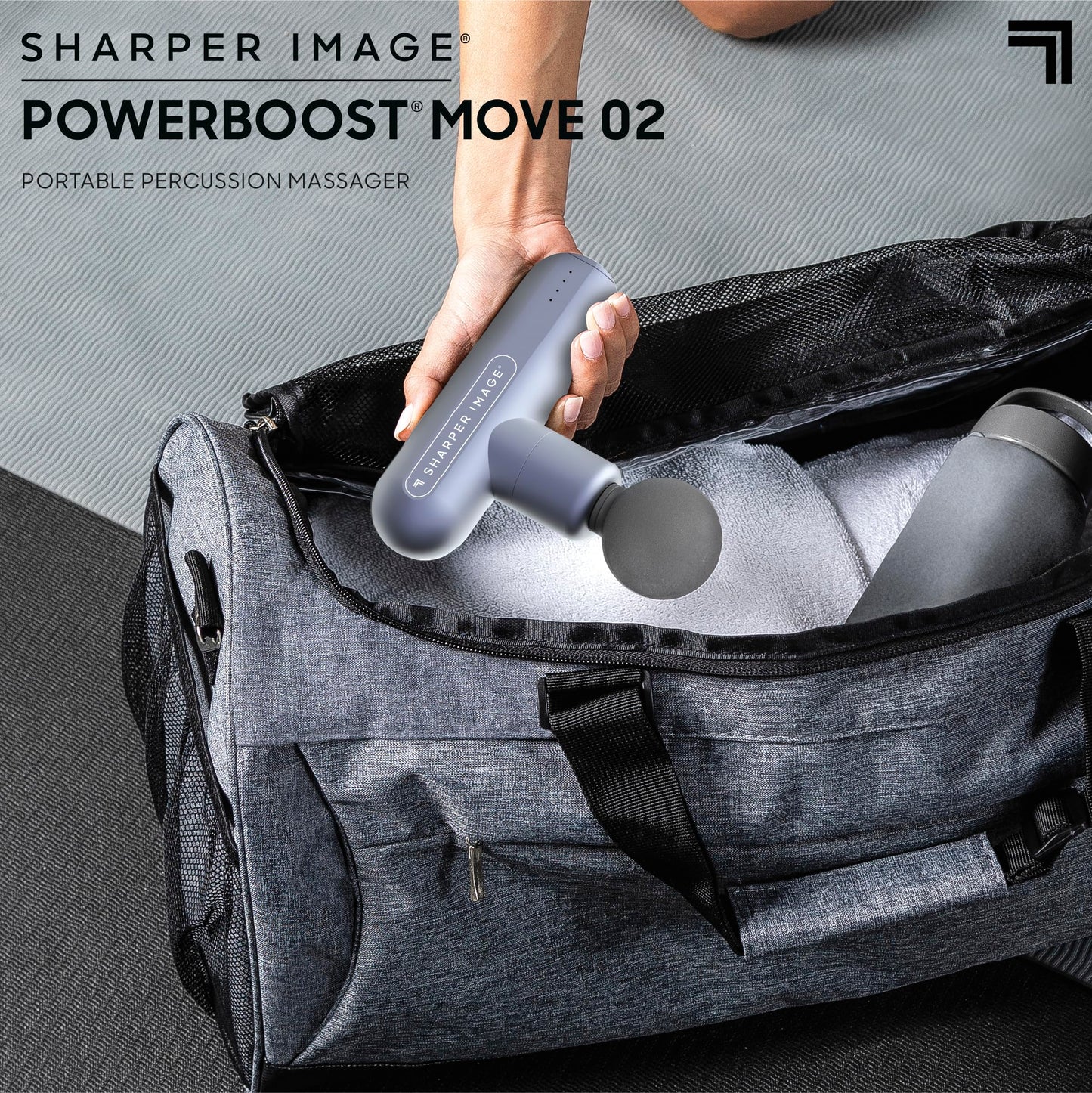 Sharper Image Percussion Massage Gun, Powerboost Move, Lightweight & Portable, 4 Attachments, 4 Speeds, Full Body Back & Shoulder Massager for Deep Tissue Muscle Recovery, Pain Relief & Soreness