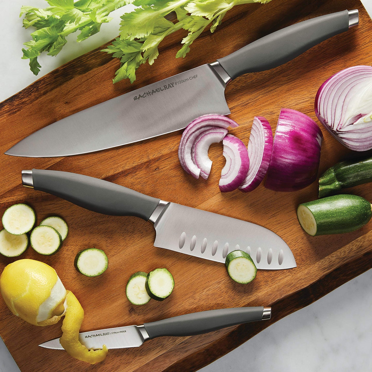 Rachael Ray Cutlery Japanese Stainless Steel Knives Set with Sheaths, 8-Inch Chef Knife, 5-Inch Santoku Knife, and 3.5-Inch Paring Knife, Gray