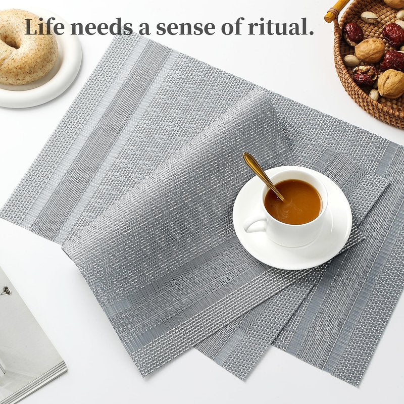 Leetaltree Lunar Grey Placemats Set of 12 - Heat Resistant Non-Slip Place mats for Dining Table, Washable Durable PVC Vinyl Woven Table Mats（Lunar Grey, 12）