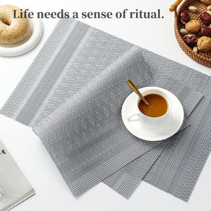 Leetaltree Lunar Grey Placemats Set of 12 - Heat Resistant Non-Slip Place mats for Dining Table, Washable Durable PVC Vinyl Woven Table Mats（Lunar Grey, 12）