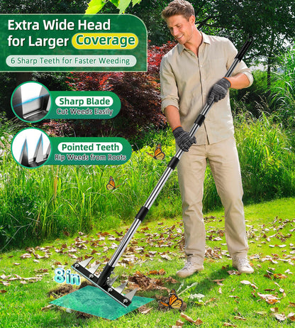 Joysuga Weed Rake Tool Iron Weed Puller with 71" Adjustable Long Handle, 6 Teeth Garden Weed Remover Tool Heavy Duty Manual Weed Puller with Gloves for Yard, Lawn, Garden
